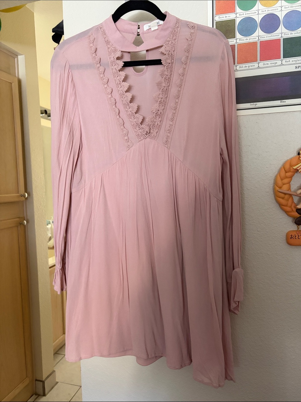 Women's Pink Lace-Trim Long Sleeve Mini Dress